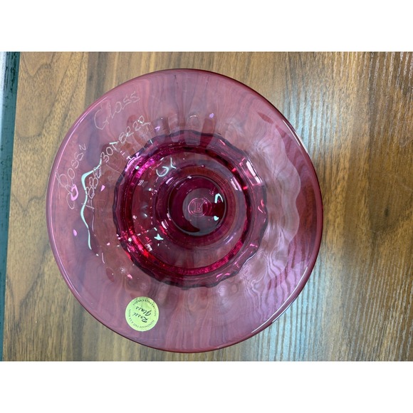 Rossi Glass Cranberry Glass Relish Bowl Etched SIGNED shallow wide-mouthed - Picture 3 of 9